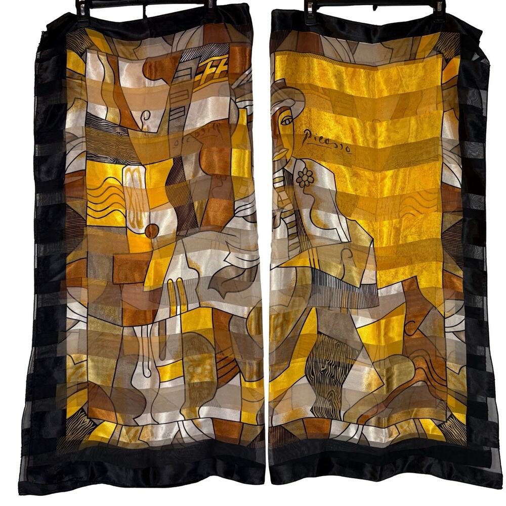 Picasso Scarf 39" Square Striped Art Architecture Yellow Black White Vintage